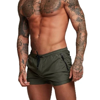 Imagen de TMEOG Bañador Hombre Corto, Pantalon Corto Deporte Traje de Baño Shorts Deportivos Natacion Surf Playa Calções Banho Homem con Bolsillo Cremallera(S,Verde Militar)