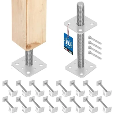 Imagen de KOTARBAU® Lote de 16 Soporte para postes 80 mm x 250 mm, rosca M24 atornillar, Base sujeción galvanizada, Altura ajustable, Pie suelo hormigón, Placa regulable