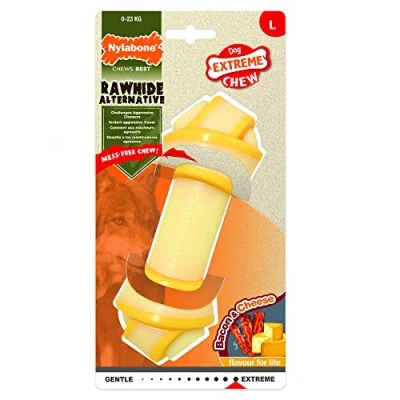 Imagen de Nylabone Hueso con Nudo para Cachorros Alternativo al Cuero Sabor a Queso y beicon Juguete masticable Perros mordida Potente Grande de hasta 23 kg