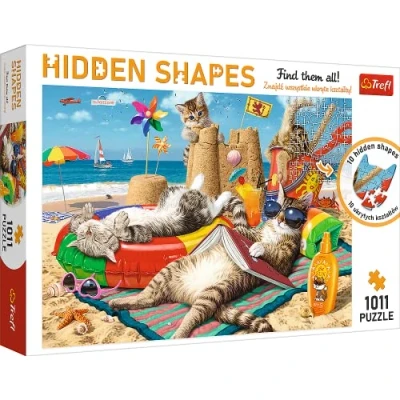 Imagen de Trefl Puzzle Hidden Shapes, Vacaciones de Gato 1000 + 11 Piezas, Encuentra Rompecabezas, Formas Ocultas, Rompecabezas Inusual, Verano, Playa, Gatos, Pasatiempo Creativo