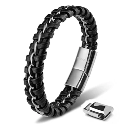 Imagen de SERASAR Pulsera España Hombre Plata 17cm de Cuero Pulseras Hombres Brazalete Pulso Muñequera Bisuteria Bisutería Joyeria Nudos Cuerda Cuerdas Bracelet Jewellery Unisex Ancha
