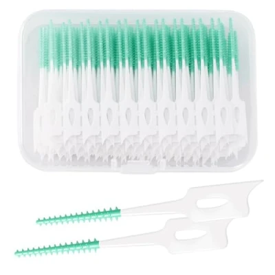Imagen de 100 Piezas cepillos interdentales,Silicona cepillo interdental con Caja,cepillo ultrafino,Reutilizable palillos interdentales,para la Limpieza Dental(Verde)