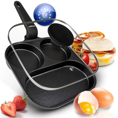 Imagen de endusor Sartén para huevos fritos y tocino Sarten con tapa de 21 cm 3 hoyos protección antiadherente Todo tipo cocinas e inducción divida Huevo Tortitas Bacon Verduras