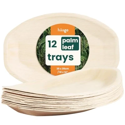 Imagen de HAAGO 12 Bandejas de Hojas Palma/Cuencos para Servir en Forma Barco (25x35cm) Biodegradables y Desechables Ecológicas Picnic Exteriores Aptas Microondas