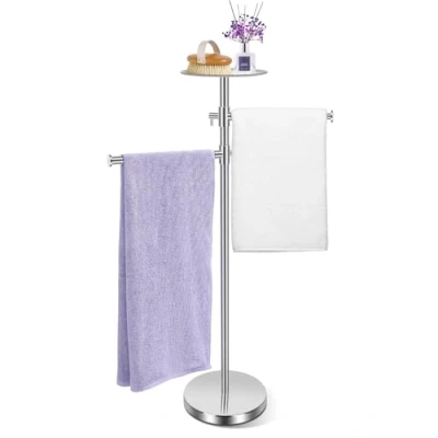Imagen de Alyvisun Toalleros de Baño Pie, Porta Toallas Autónomo con Bandeja y 2 Brazos Extensibles [Altura Ajustable Rotación 360], Soporte Pie Acero Inoxidable