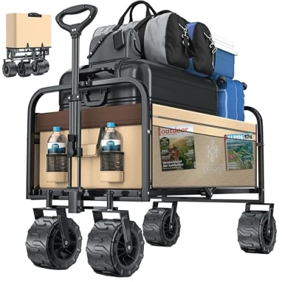 Imagen de KESSER® Carro Plegable con Ruedas Anchas Transporte de Mano 2 Bolsas Red y Lateral Neumáticos Goma Maciza Carrito Jardín Beige