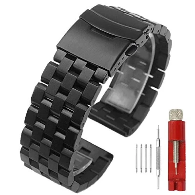 Imagen de Kai Tian Banda de Reloj Acero Inoxidable 5 Filas para Hombres Correa Metal Negro Bandas Vestir con Clase 22mm Cierre implementación