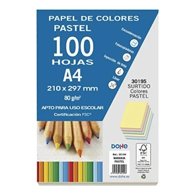 Imagen de Dohe Pack de 100 papeles A4, 80 g, multicolor pastel, color surtido, grande (30195)