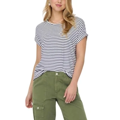 Imagen de ONLY ONLMOSTER Stripe S/S O Neck Top JRS Noos Camiseta, Cloud Dancer/Stripes:Naval Academy, XS para Mujer