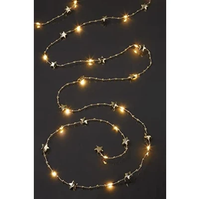 Imagen de Hellum cadena de luces LED perlas taupe, estrellas doradas, 20 LEDs blanco cálido, 190 cm longitud luz, cable color plata y dorado, para interiores, funciona con batería (3AA), 521597