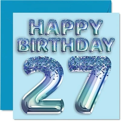 Imagen de Tarjeta de cumpleaños número 27 para hombres, globo fiesta con purpurina azul, tarjetas feliz hombre años, hermano, hijo, sobrino, tío, 145 mm x mm,
