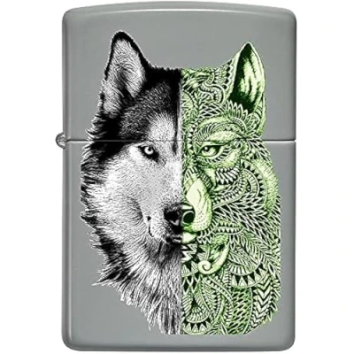 Imagen de Zippo Tatuaje de Lobo, Imagen Color Gris Llano Encendedor tormeta, Recargable, en una Caja para Regalo