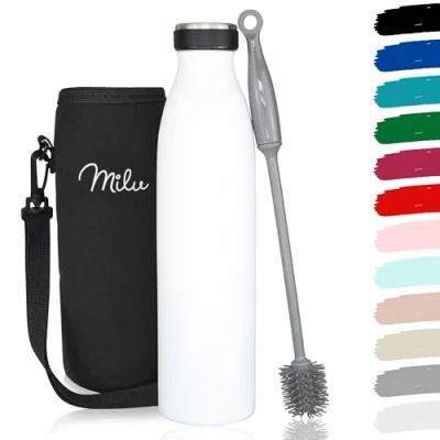 Imagen de Milu Botella de agua térmica acero inoxidable 350, 500, 750, 1000, 1500 ml, aislada a prueba fugas, doble pared, para bebidas carbonatadas, incluye cepillo limpieza (blanco, 1000 ml)