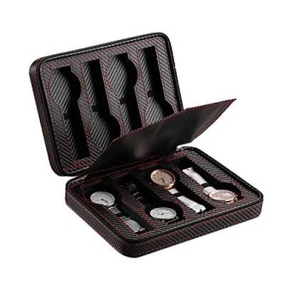 Imagen de Guolich Caja de Almacenamiento Reloj 8 Ranuras Soporte Exhibición Cuero PU Fibra Carbono Joyería Pulsera Colección Organizador con Cremallera (Negro Nanuras)