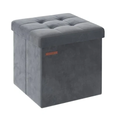 Imagen de SONGMICS Puff Almacenaje, Banco de Almacenamiento Terciopelo Plegable, Taburete Reposapiés, 38 x cm, Carga 300 kg, para Entrada, Sala Estar, Dormitorio, Gris Pizarra LSF227G01