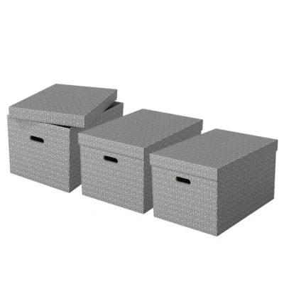Imagen de Esselte Caja Grande de Cartón para Almacenaje y Regalos con Tapa, Pack 3, Organización la Oficina Casa, 100% Reciclado Reciclable, Diseño Geométrico, Gris, 628287