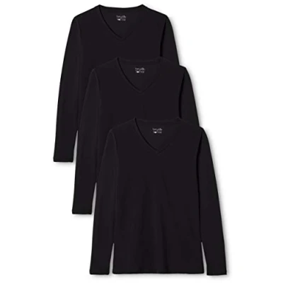 Imagen de Berydale Camiseta de manga larga con cuello en pico 100 % algodón, Mujeres, Negro (paquete 3), L