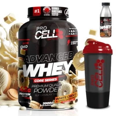 Imagen de PACK Procell Proteinas Whey Advanced 2kG (White Choco &amp; White rings)+ Batido Monodosis + Shaker &quot;REGALO&quot; Proteina concentrada Gana masa muscular en polvo Batidos de