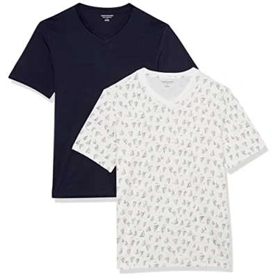 Imagen de Amazon Essentials Camisetas de manga corta con cuello pico y corte ajustado Hombre, Pack 2, Azul Marino/Estampado Barcos, XL