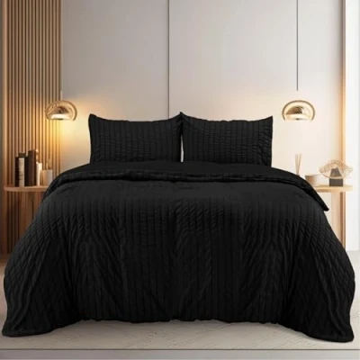 Imagen de Utopia Bedding Seersucker Funda Nordica Cama 105 Juego de Nórdica Microfibra 200x200 cm y 2 Almohada 50x75 (Negro)