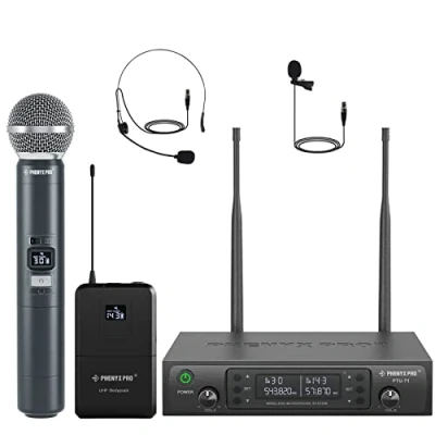 Imagen de Phenyx Pro Sistema de micrófono inalámbrico, Juego microfono Karaoke Doble Canal con Mano/bodypack/Auriculares/Solapa, 2x100 Canales, Ideal para Eventos, Iglesia (PTU 71B)