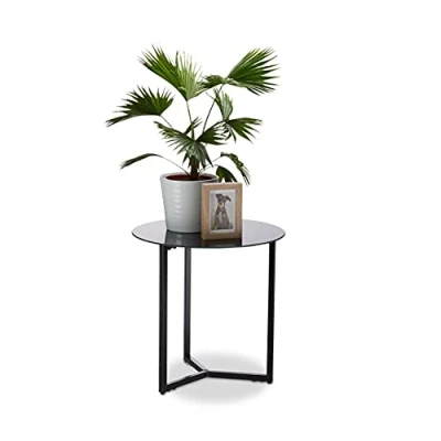 Imagen de Relaxdays Mesa Auxiliar Redonda, Cristal Metal, Negro, 51 x 50 cm