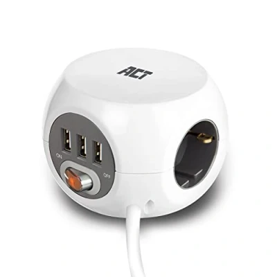 Imagen de ACT Unidad de distribución energía con Puertos USB, 3 Tomas, 1,5 m, Blanco AC2405