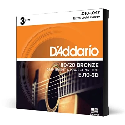 Imagen de D&#039;Addario Guitar Strings Acoustic 80/20 Bronze For 6 String Deep, Bright, Projecting Tone EJ10 3D Extra Light, 10 47 3 Pack
