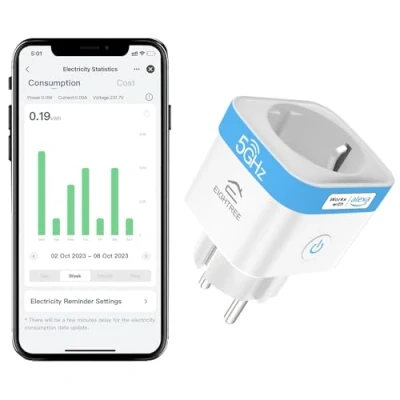 Imagen de EIGHTREE Enchufe Inteligente Wi Fi 2.4G/5GHz con Monitor de Energía, Temporizador Programable, Control por App y Voz, Compatible Alexa/Google Home/SmartThings, 16A, 1PC