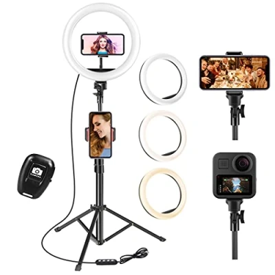 Imagen de UPhitnis Aro de Luz con Tripode, 10&quot; Ring Light Control Remoto 3 Modos 10 Brillos Regulables Anillo para TikTok, Maquillaje, Selfie, Streaming, Youtube, Twich Live
