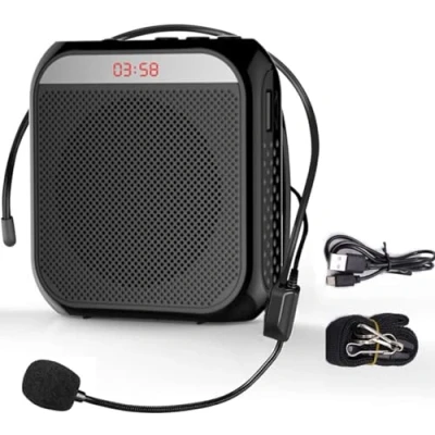 Imagen de Amplificador de Voz, Sistema PA Recargable,2200mAh,micrófono Recargable para Profesores,Guías Turísticos, Altavoz Portatil con Microfono, Auriculares y Cintura Negro