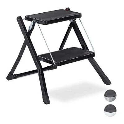 Imagen de Relaxdays Escalera Plegable 2 Peldaños, Escalerilla Cocina, Doméstica, Antideslizante, Hierro, 45 x 50 cm, Negro, 1 Ud