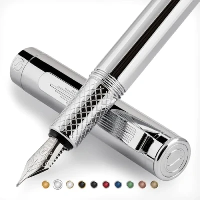 Imagen de Scriveiner Pluma Estilográfica EDC de Lujo (Mediana), Impresionante Pesada Bolsillo con Acabado Cromado, Plumín Alemán Schmidt, Convertidor, Set Escritura Diseño para Regalo