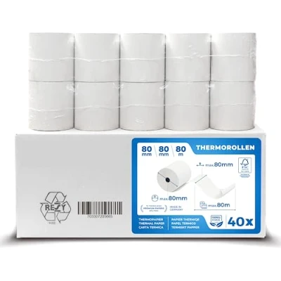 Imagen de papel térmico 80x80 Rollo para impresora termica Rollos de tickets 80mm 80x80x12 caja registradora negocio y bar (40 ud.)