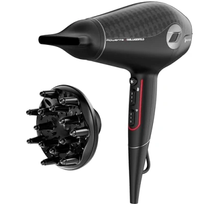 Imagen de Rowenta x Karl Lagerfeld Glow Addict Secador de pelo 2400 W, tecnología híbrida y motor DC, 6 ajustes temperatura, revestimiento keratina, golpe aire frío, difusor boquilla concentradora, CV613L