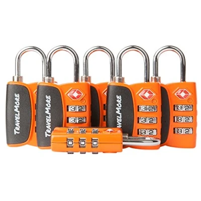 Imagen de Paquete de 6 Candados para Equipaje con Combinación 3 Dígitos Aprobado por la TSA e Indicador Alerta Apertura Maletas y Viaje (Naranja)