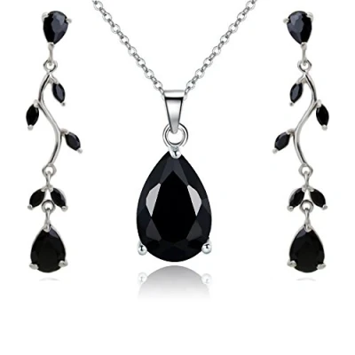 Imagen de Crystalline Azuria Mujer 18ct Chapado en Oro Blanco Lágrimas Juego de joyas Negro Cristales Zirconia Collar con Colgante 45 cm Pendientes para y Niña