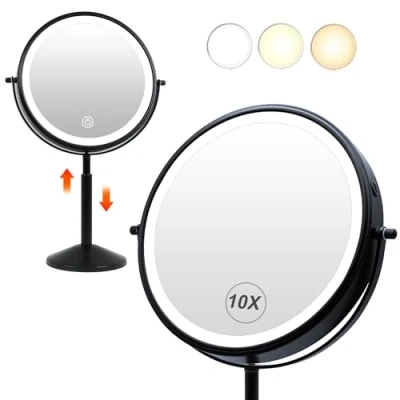 Imagen de TUSHENGTU espejo de maquillaje iluminado 9 pulgadas, tocador con lupa negra 10X/1X, recargable altura ajustable luces LED, doble cara