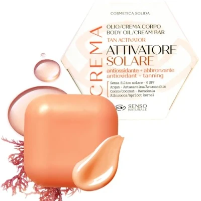 Imagen de Senso Naturale Aceite Corporal Sólido Activador Solar, Crema Bronceadora Hidratante con Astaxatina, Loción de Argán, Manteca Karité, Cacao y Coco, 100% Natural Vegano