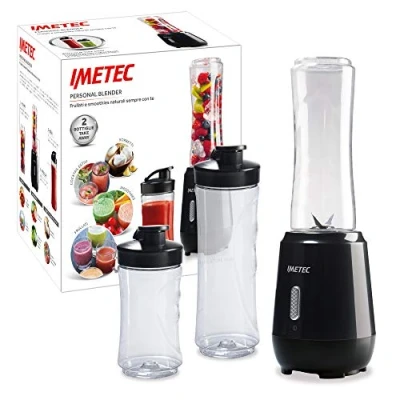 Imagen de Imetec Personal and Sport Blender PB 100 Mini Batidora de vaso con 2 botellas Tritan para llevar y 4 cuchillas acero inoxidable, 22,000 rpm