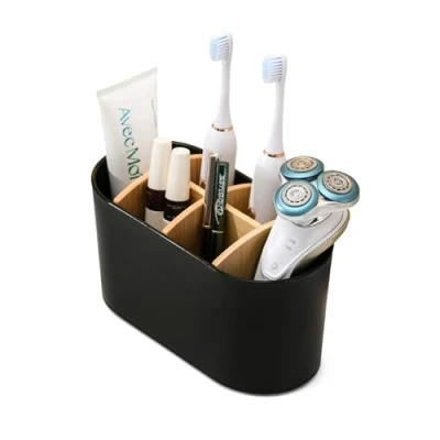 Imagen de Portacepillos de dientes negro para baño con compartimentos bambú, soporte cepillo eléctrico parte inferior antideslizante, organizador cepillos 6 ranuras,