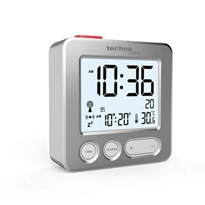 Imagen de Technoline WT265 Reloj despertador moderno controlado por radio con frontal de metal auténtico cepillado, plateado, activación táctil para luz/reposo, fecha, temperatura interna, 66 x 21 mm