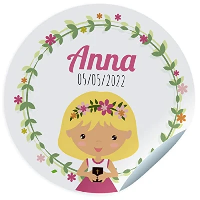 Imagen de 24 Etiquetas adhesivas comunión. Pegatinas personalizadas con nombre y fecha para los regalos de tus invitados. Stickers adhesivos personalizados (45 mm)