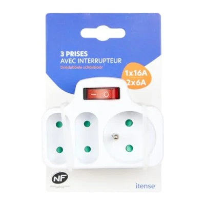Imagen de ITENSE Regleta eléctrica, Toma múltiple Enchufe Triple 3 Tomas 1 x 16 A + 2 6 con Interruptor de Pared Color: Blanco Seguridad Infantil Voltaje: 230 V Material: PVC