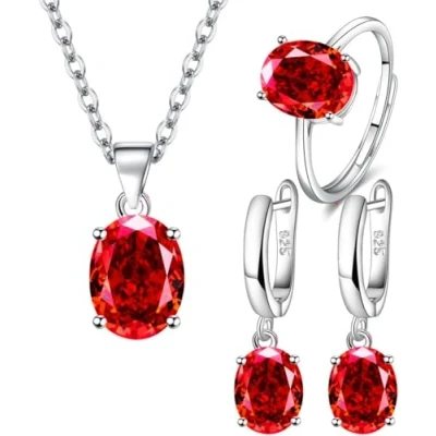 Imagen de TOEECY Cristales Conjuntos de Joyas para Mujer y Niñas Anillo Collar Pendientes Colgante Cubic Zirconia Plata chapada 925 Fiesta Boda Nupcial Dama Honor (Rojo)