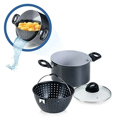 Imagen de Genius Cerafit Magic Pot A24661 olla de 20 cm, 3,7 l con filtro y tapa cristal para cocinar, girar, cocer al vapor servir la pasta, pasta todo tipo fuegos, color negro