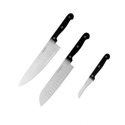 Imagen de Nirosta Mega Set de Cuchillos Cocina, incluye Cuchillo Chef 32 cm, Santoku 30 cm y Patatero 18 Hoja Acero Inoxidable Muy Afilado, Mango POM con Remaches, 3 uds.