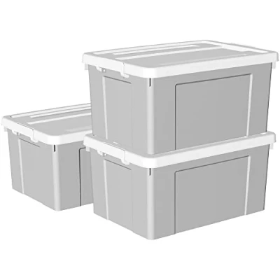 Imagen de Cetomo 65L*3 Caja de Almacenamiento con Ruedas, Plástico Tapa y Cierre Seguro, Contenedor Grande, Duradera, Apilable, Resistentes, Gris, Paquete 3 65L