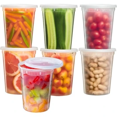 Imagen de YOYEAH 24 recipientes de plástico con tapa 950 ml/32oz vasos almacenamiento reutilizables para alimentos, contenedores deli a prueba fugas, tapa,
