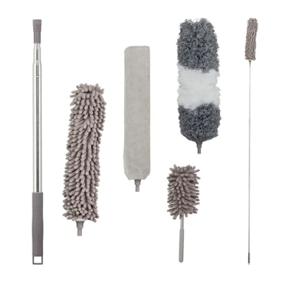 Imagen de Relaxdays Kit Plumeros Telescópicos, 3 Limpiadores de Polvo, 1 Mopa Plana, Palo Extensible 2,5 m, Lavable, Gris, Acero Inoxidable, 81 250 cm